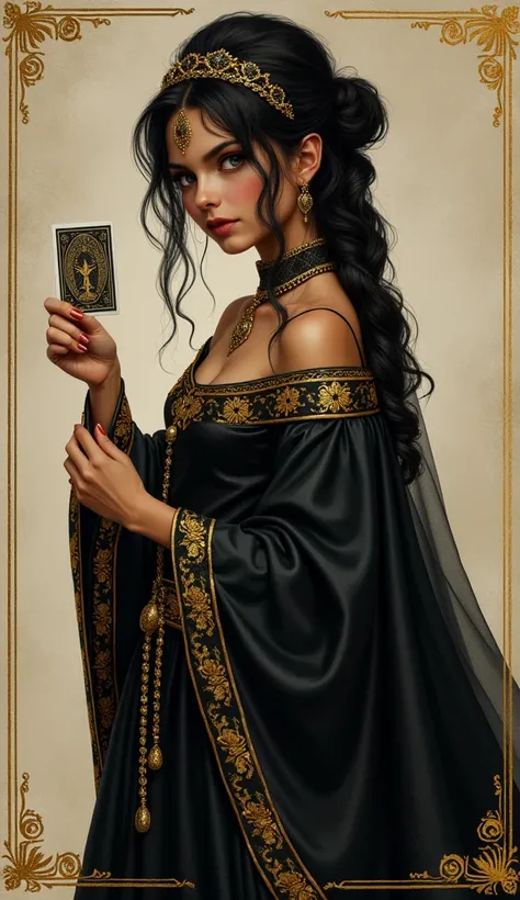  vestindo roupa preta dourada, segurando carta Três de Paus, realista, atraente, sem fundo
96 / 5.000
Girl wearing black and gold outfit, holding Three of Wands card, realistic, attractive, no background