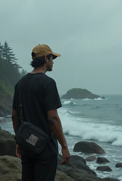 A person wearing a tan cap and black shirt stands on a rocky shoreline with waves crashing. A black bag with white text hangs across their chest. The sky is overcast with thick grey clouds. In the distance, a small island with trees is visible.