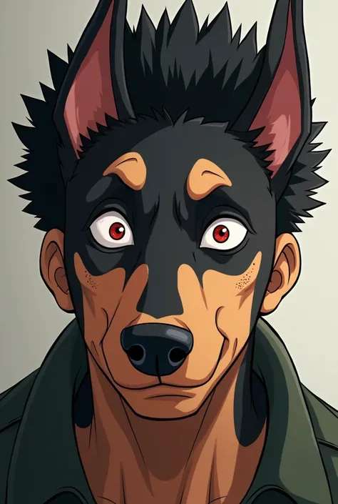 Dobberman anime human man with red eyes. He also has fluffy hair and looks annoyed. Looks more human that dog, please. He has freckles on his face and very fluffy hair