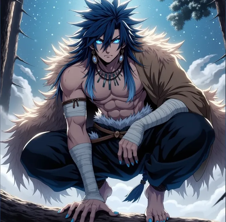  a man with blue hair and a furry coat sitting on a rock standing with a waterfall in the background, The water moves slowly with small leaves falling the moon is full above the waterfall  , badass anime 8 k,  anime wallpaper ,  handsome face in demon slay...