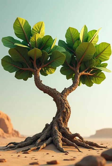 Make me a tree that has its roots outside and is dry and the tree is brown in color and that has two large branches and on each branch it has only two leaves but those leaves are large 