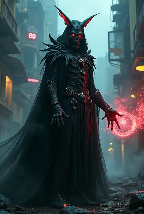 a futuristic sci-fi cyberpunk necromancer wizard, intricate details, highly detailed face and eyes, detailed clothing and accessories, dramatic lighting, moody atmosphere, glowing magical effects, otherworldly landscape, industrial cyberpunk city, neon lig...