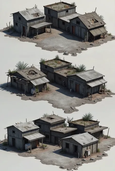 as a 3d reference, create multiple models separated into distinct house blocks, very old wooden and masonry shack with slum characteristics vector p&B, presentation concept of old houses and shacks that represent the poverty of Brazilian favelas. real scal...