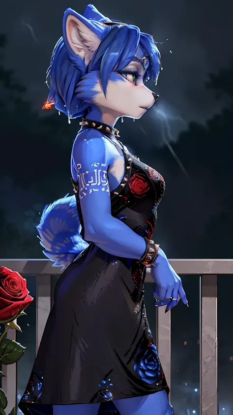 a picture of ((krystal)), Star Fox-Krystal, lovable, green eyes, ((( long blue hair 1 .3))), Decollete, anthro, Fuzzy,  detailed Fluffys fell,  detailed face , (Fluffy), Alone,    dark clothes 、dark good、dark skirt、 Best bust、Ravine、Luck、provocative behavi...