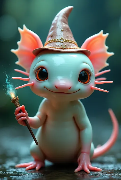 Axolotl with a wizards hat and a magic wand 