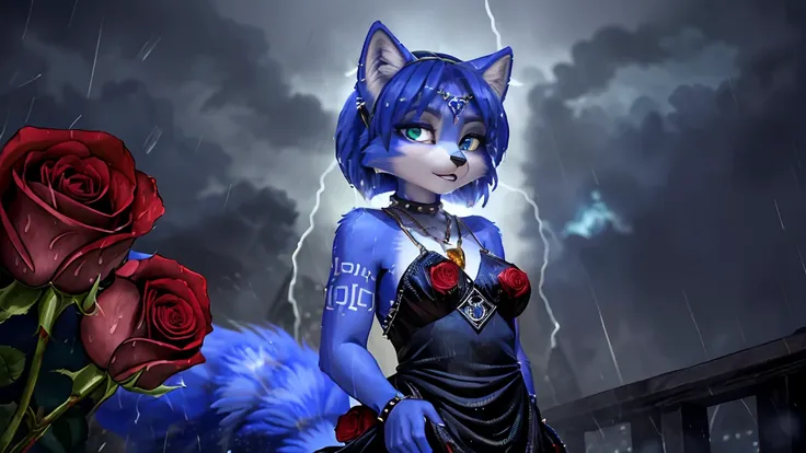 a picture of ((krystal)), Star Fox-Krystal, lovable, green eyes, ((( long blue hair 1 .3))), Decollete, anthro, Fuzzy,  detailed Fluffys fell,  detailed face , (Fluffy), Alone,    dark clothes 、dark good、dark skirt、 Best bust、Ravine、Luck、provocative behavi...