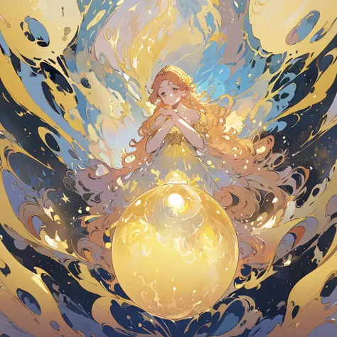 The little mermaid Ariel in front of a yellow magic ball in her hands 