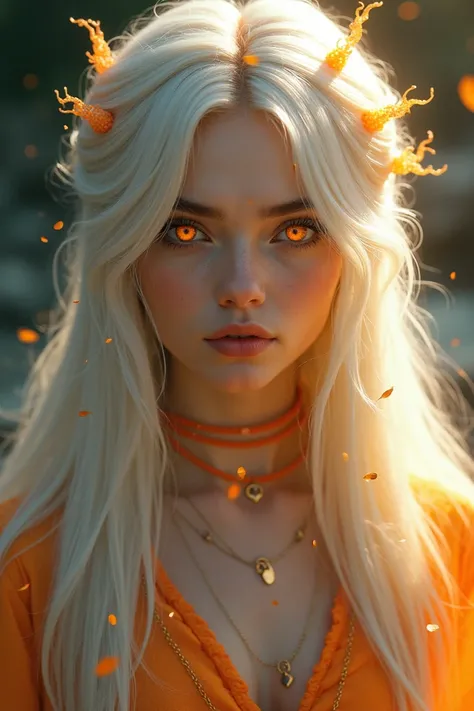  Create an image of a woman with magic and enlightenment with the wanderer style, long and straight hair in the color white and orange eyes 