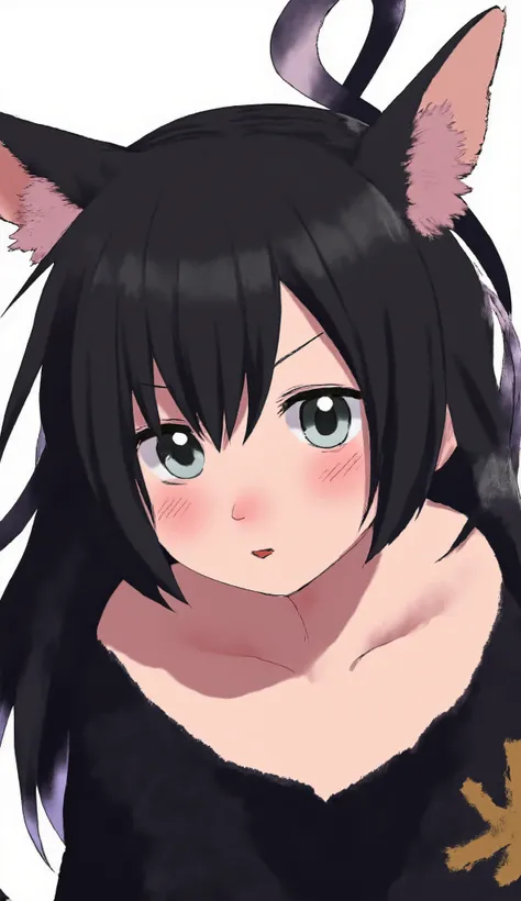  Modern anime style ,  close-up of a caricature of a woman with ears and cat tail ,  and cat tail  , With cat ears , Girl design, Killed, Portrait, Army, Anime image, شعر long, Black hair , Hair covering ears , happy, Polished and powerful appearance, stra...