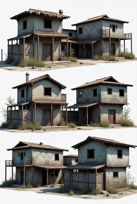 as a 3d reference, create multiple models separated into distinct house blocks, very old wooden and masonry shack with slum characteristics vector p&B, presentation concept of old houses and shacks that represent the poverty of Brazilian favelas. real scal...