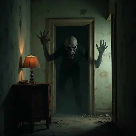 An old, dark apartment ,  with plaster walls covered in hand marks that seem to press from the inside.  A grim figure slowly emerges from the wall ,  with a disfigured face and dark eyes that radiate a terrifying presence .  in the background , , elongated...