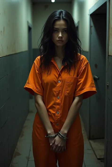 A girl named Zahraa wearing an orange prison uniform and handcuffed standing in her cell