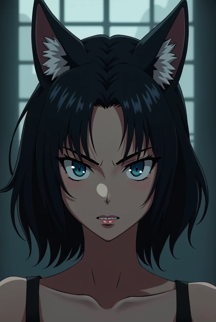 Anime Serious and angry black-haired woman with a wolfs ear with small blue eyes 
