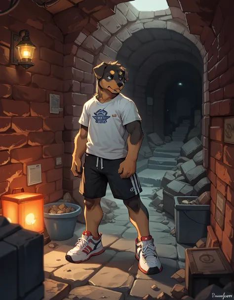 young boy inside the underground maze, furry, kid, rottweiler, dark and eerie, t-shirt and shorts and sport shoes, 1boy, young, ...