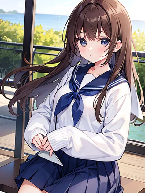 female college student、long sleeve sailor suit、brown hair