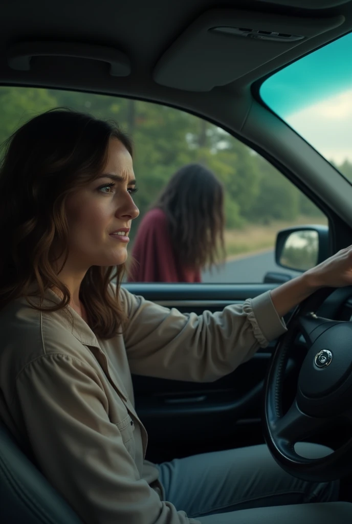  creates a woman with wavy brown hair in casual clothes who expresses that she is very agitated in a car , She is on her back and looking from the rearview mirror and you can see a woman sitting in the back seat with all her hair on her face dressed in a r...