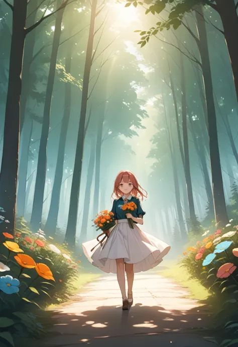 hzk, girl, white skirt , darling,  ulybka,  flowers in hand , is walking,  background sweet house , forest edge ,  sunlight , da...