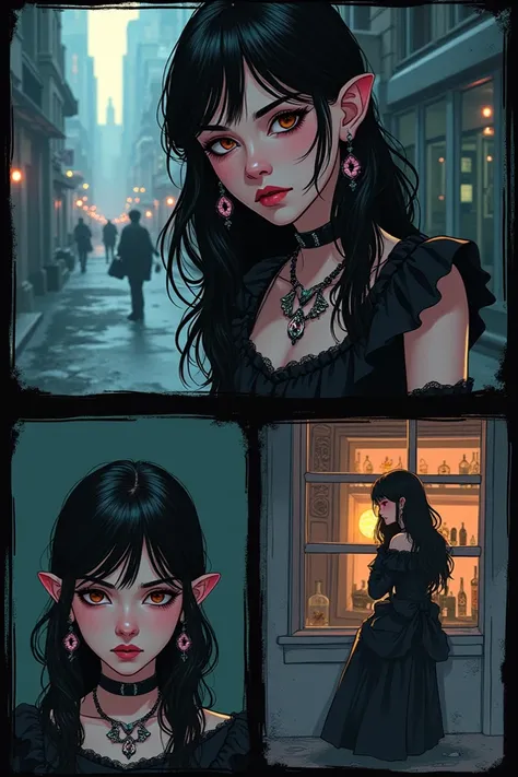 Create a comic series with 4 pictures , In which a girl is shown .  She is running around in gothic look in picture 1 she is at school with friends .  In the second picture she is in the city .  In the third picture she is at home and in the fourth picture...