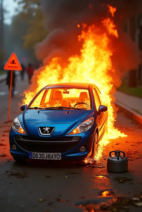 Peugeot 207 blue car burning ,  fuel canister on the floor,  a sign that puts resnonverba  