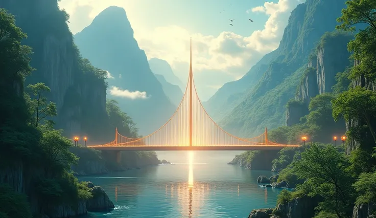 An atmosphere of pleasant solitude, A stunning high-resolution artwork of the Millennium Bridge leading to a lush, magical natural world. The bridge appears as a glowing portal, surrounded by radiant light and ethereal energy. On one side of the bridge we ...