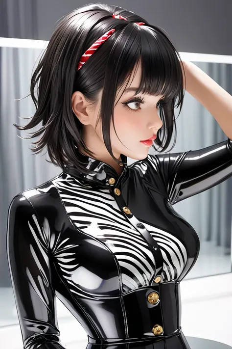  1 girl, Buttoned in extremely tight shiny latex blouse with zebra pattern, Medium hair tie,  black hair,Lens reflection, Reflected light, 