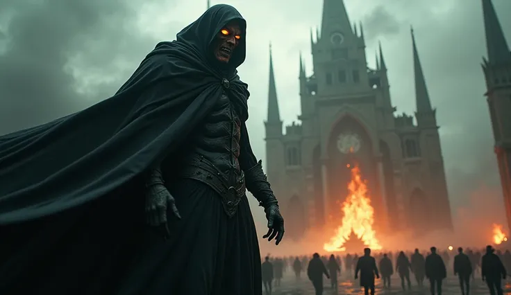  Create a high-definition image of the antichrist with a black cape and a horrible demonic face. In the background a temple and a burning throne .  Desperate people running and a lot of fear .  Use horrifying, high-definition colors . 