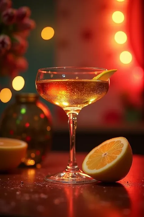 Tequila glass on the b festive background with lemon on the side dim light 