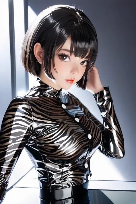  1 girl, Buttoned in extremely tight shiny latex blouse with zebra pattern, Medium hair tie,  black hair,Lens reflection, Reflected light, mini rock 