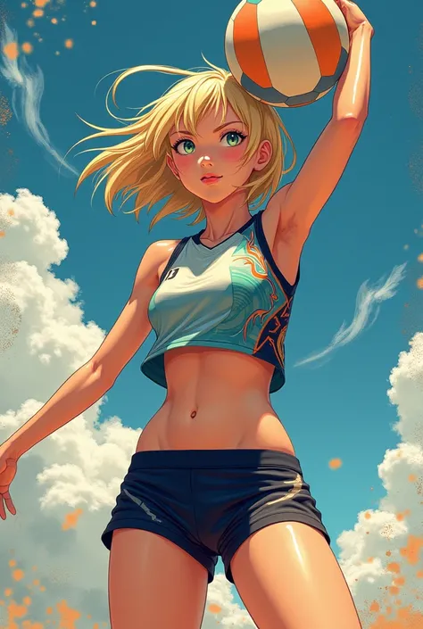 A 17-year-old short blonde with LONG hair volleyball player in a volleyball uniform and with the volleyball with the long cebeles anime