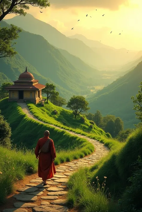 A peaceful landscape of ancient India, with lush green hills bathed in soft golden sunlight, a small monastery nestled among the trees, and a lone monk walking up a winding stone path, carrying a simple satchel. The atmosphere is serene and meditative, wit...