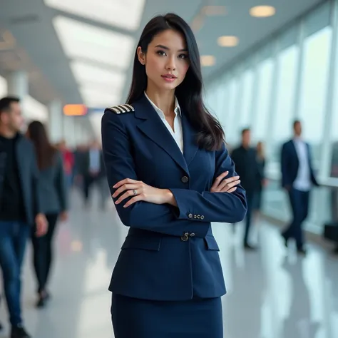  White woman, Caucasian, of this, A 35-year-old girl ,  black hair, slim,  dressed in flight attendant uniform ,  posing for the camera,  Full body photo ,  at an airport terminal ,  navy blue commercial flight attendant costume, maximum detail,  maximum r...