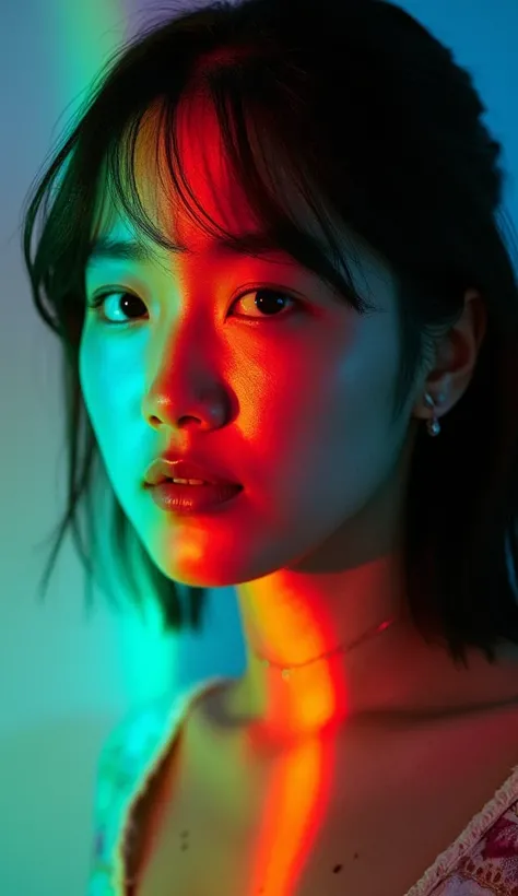 Professional Photography,  Wong Ka Wai movie lighting style , Live-action version、True、a photo of asian with colorful stripes, in the style of analogue filmmaking, negative colors, light emerald and light crimson, kodak vision3 50d, himalayan art, ethereal...