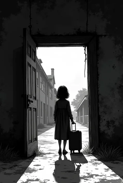 a  with a suitcase standing at the door of an orphanage filling up (black and white comics type)