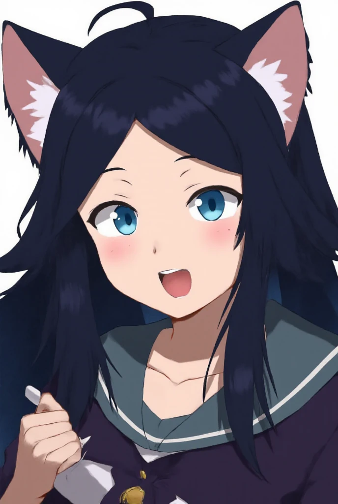 Anime style,  is a close-up of a woman with ears and a cats tail ,  and cat tail  , With cat ears , Girl design, Killed, Portrait, Army, Anime image, شعر long, Black hair , Hair covering ears , Noams eyes are blue. Happy , Polished and powerful appearance,...