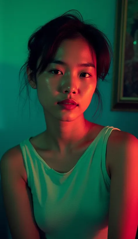 Professional Photography,  Wong Ka Wai movie lighting style , Live-action version、True、a photo of asian with colorful stripes, in the style of analogue filmmaking, negative colors, light emerald and light crimson, kodak vision3 50d, himalayan art, ethereal...