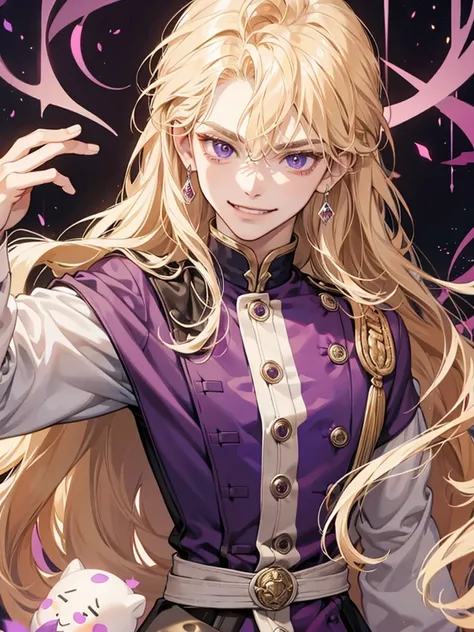 a , with purple eyes, cream beige wavy hair. wear prince uniform, he so arrogant, sadistic, handsome. sadistic eyes. he teenager. sadistic smile, thin. sadistic smiling. have big eyes. intimidating. smirk. big eyes. background in luxurious ballroom. . he ....