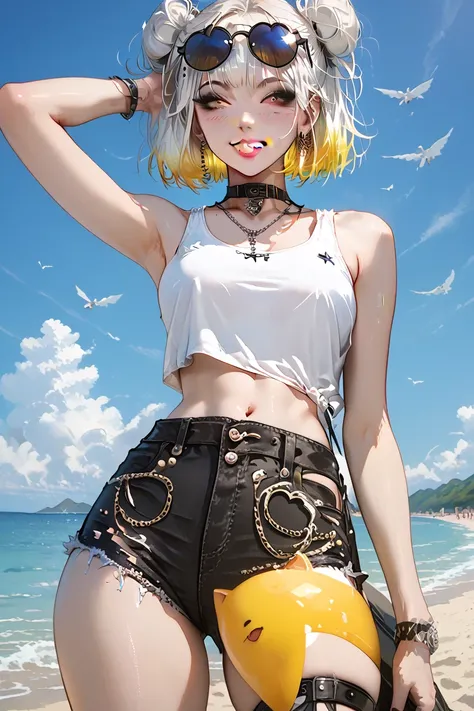 score_9, score_8_up, score_7_up, nsfw, 1 skinny woman, White, and yellow multicolored hair), white hair, yellow hair, tank top, short hair with 2 buns, sun glasses, standing on the beach, blushing, smiling, perfect anatomy, big hips, round ass, wearing bla...