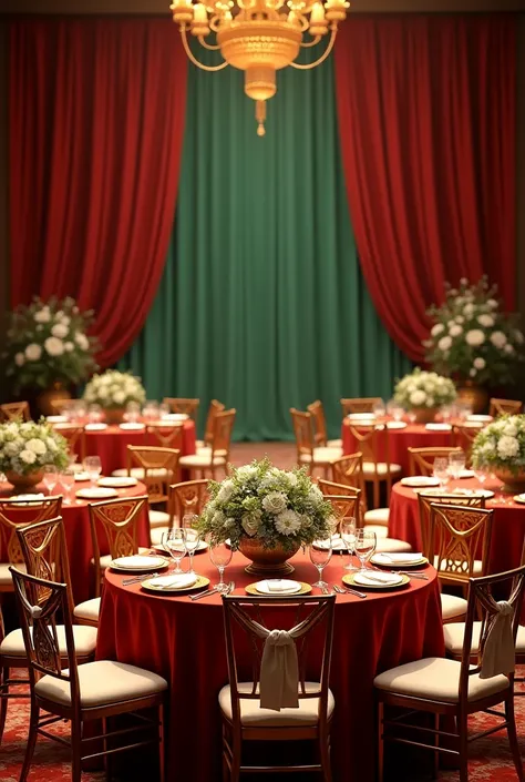  6 round tables with 10 chairs distributed in a living room with red tablecloths golden chairs with white ribbon,  golden napkin and centerpiece with green and white flowers and red and green curtains side by side, Let them fall covering all the walls and ...