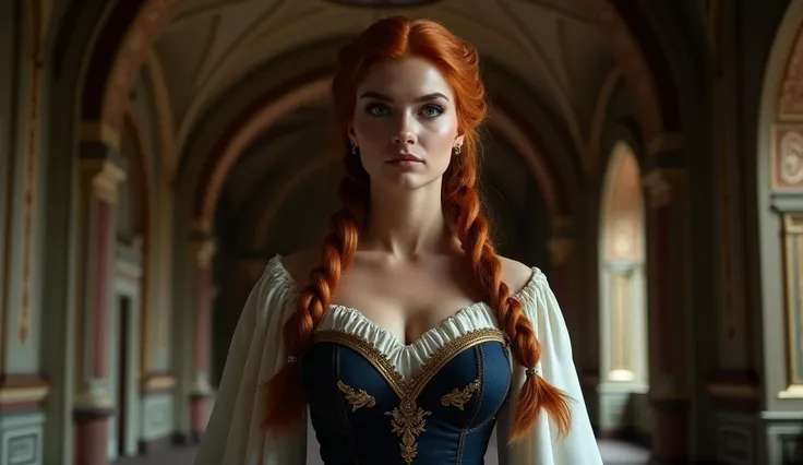 Close-up of an imposing figure, a powerful woman in a Princess Anna costume ((60 years old with large breasts; Anna costume; glued to the body; beautiful and elegant; (((huge breasts)); auburn hair in two braids with some white strands))) and piercing gaze...