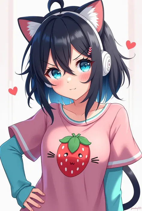  female anime character ,  Messy black hair , White cat ears,  strawberry headphones , strawberry design shirt, blue arm warmers, blue eyes