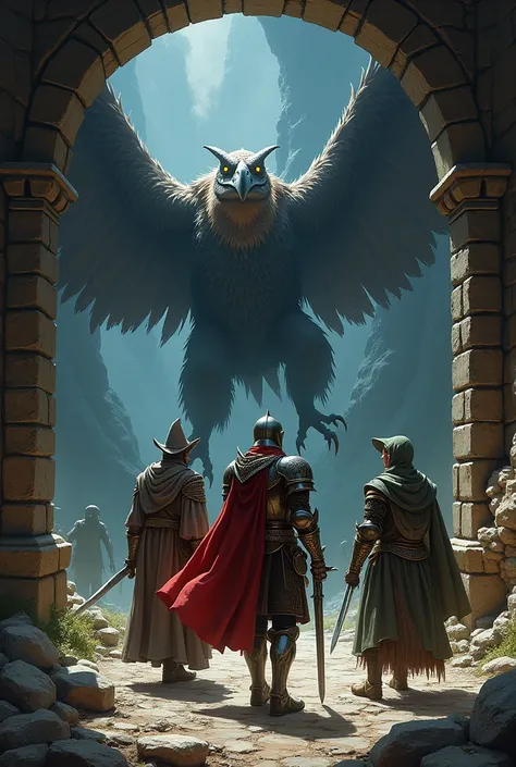 Dnd style knight, wizard, rogue entering a dungeon. Guarded by a raptor 