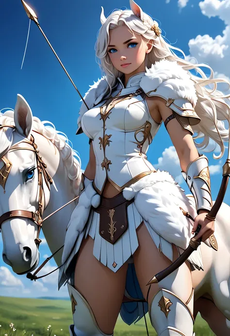 best quality, Ultra-detailed, HD, cinematic, 1 girl, centaur, warrior clothes, white hair, white fur, bow and arrow, medium breasts, horse lower body, centaur, tall stature, blue eyes, open field background, blue sky and clouds, great lighting, perfect det...