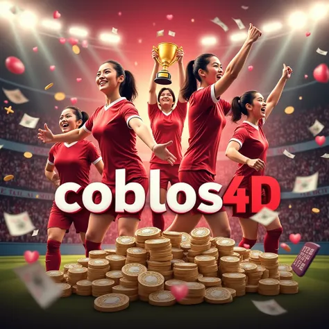 Create sport betting flyer that says "COBLOS4D TARUHAN BOLA TERPERCAYA", Center, BIG FONTS, BIG TEXT, Asian Girls, Ultra High Quality Image, 4K, 8K , 3D Rendering, red and white themes, flying money, flying chips, flying coin, flying money, football poster...