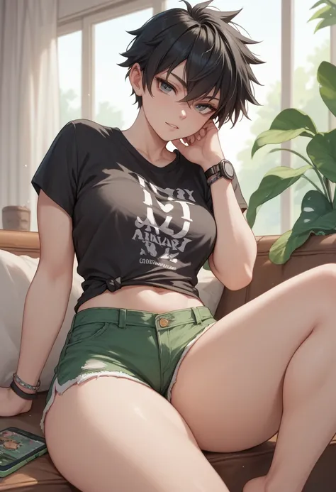 tomboy, anime,  medium breasts ,  thick thighs , pale skin,  messy black hair , black t-shirt, green mini shorts.