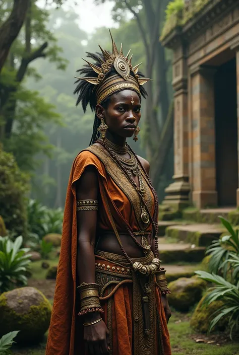 Creat the image of an African Congo Queen in her late 40s of an ancient setting. Emphasis on ancient.