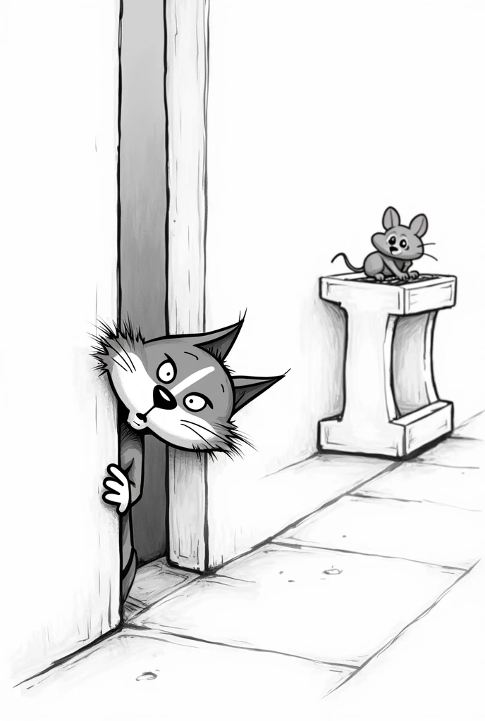 

“A whimsical black-and-white cartoon cat and mouse peeking aound a corner a tiny mouse playing the piano Monochrome

”