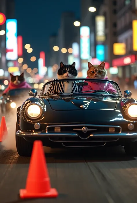 A black convertible is drifting on a city street, avoiding orange traffic cones. At the wheel is a black and white cat in a striped suit and sunglasses, confidently driving the car. On the passenger seat sits a cat in a bright pink outfit, exuding style an...