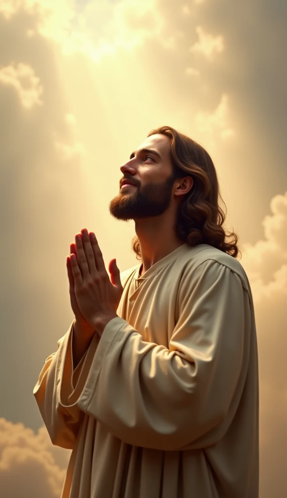 Create an image of Jesus Christ, depicted as a serene and compassionate figure, with his hands clasped together in a prayerful gesture. He is looking upward with a peaceful expression, as if in deep communion with God. Jesus is dressed in traditional robes...