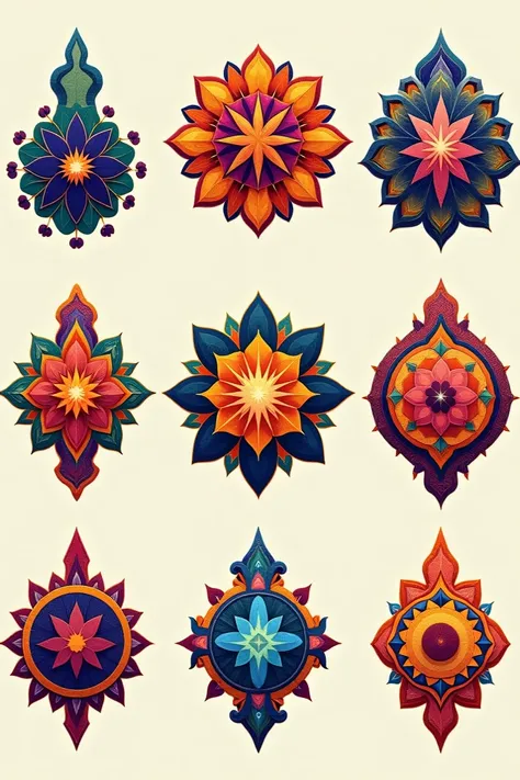 The seven chakras each drawn separately .  The technique used for the drawing was like Bulgarian folk embroidery.