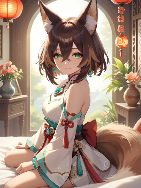 ultra-detailed,(best quality),((masterpiece)),(highres),original,extremely,tingyun, 1girl, animal ears, green eyes, tail, breast...